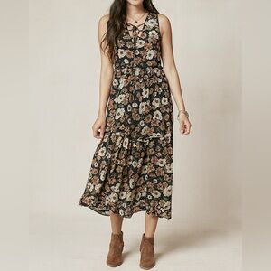 Floral high low dress with tie detail on neckline